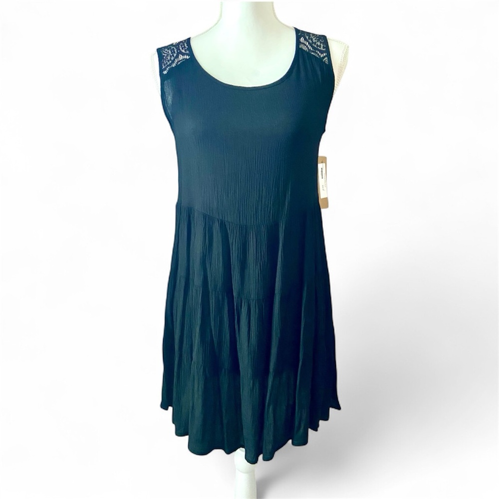 NWT The Cove Black Crochet Lace Crinkle Baby doll Mini Dress S